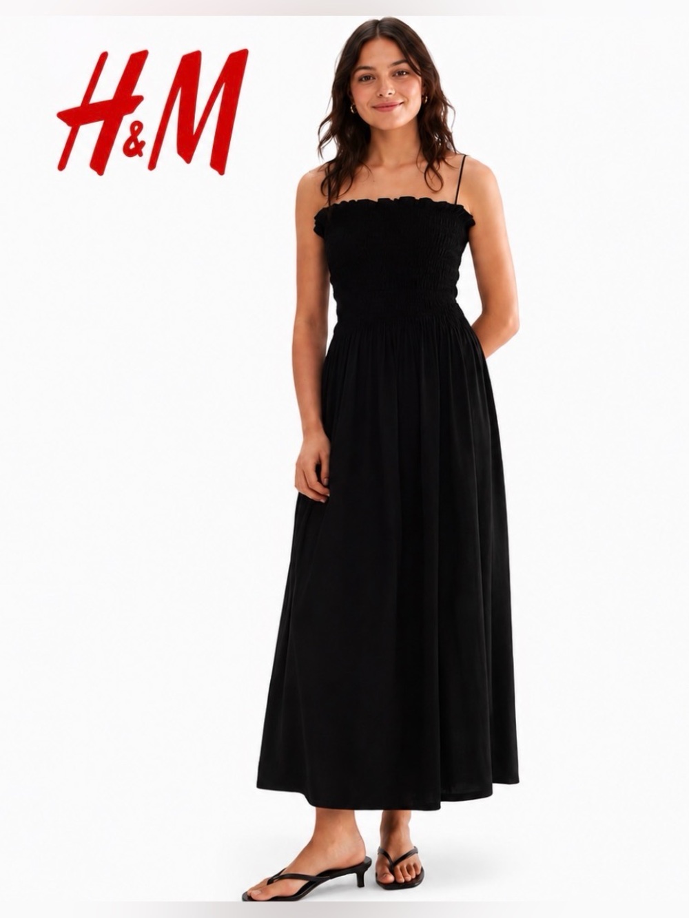 H&M Women's Small Black Midi Dress Ruched Flowy Adjustable Straps Boho Festival